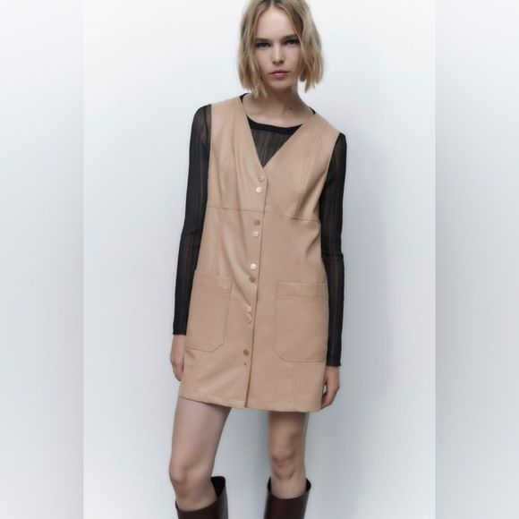 NWT ZARA FAUX LEATHER MINI PINAFORE DRESS - Picture 2 of 6